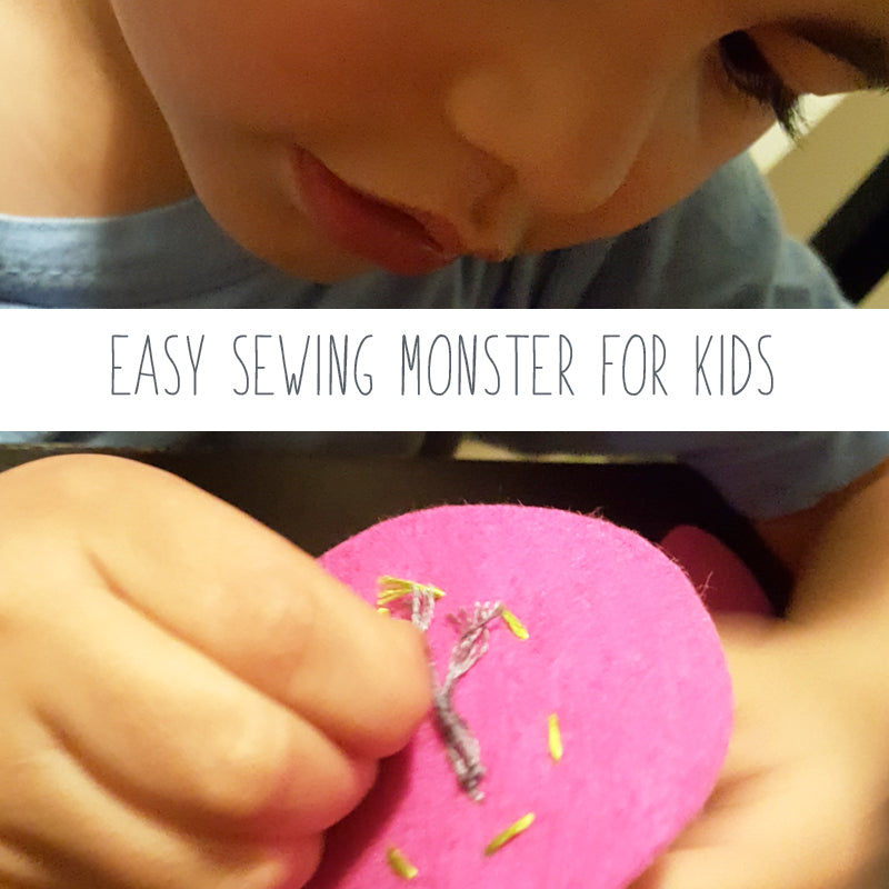 A little kid handsewing a plushie using a simple sewing pattern, perfect for teaching sewing to children.