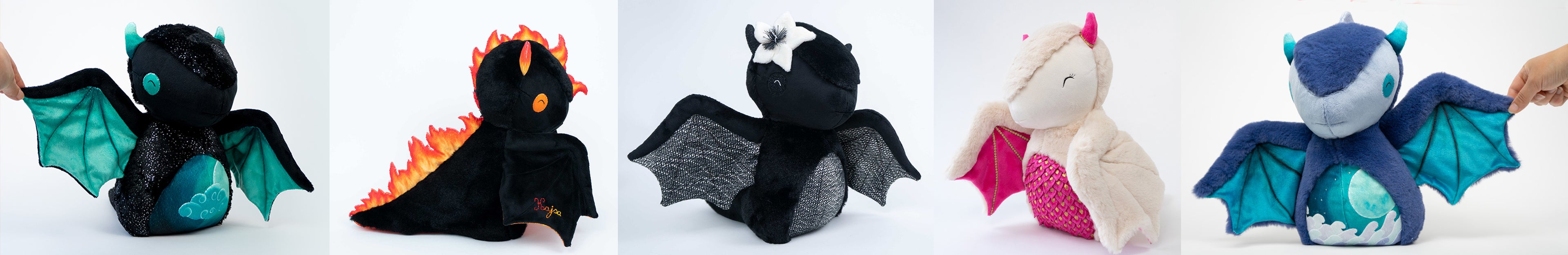 Collage featuring five Petit Loulou collectible dragon plush toys in various colors and poses, highlighting the unique craftsmanship and design details on the dragons’ bellies.