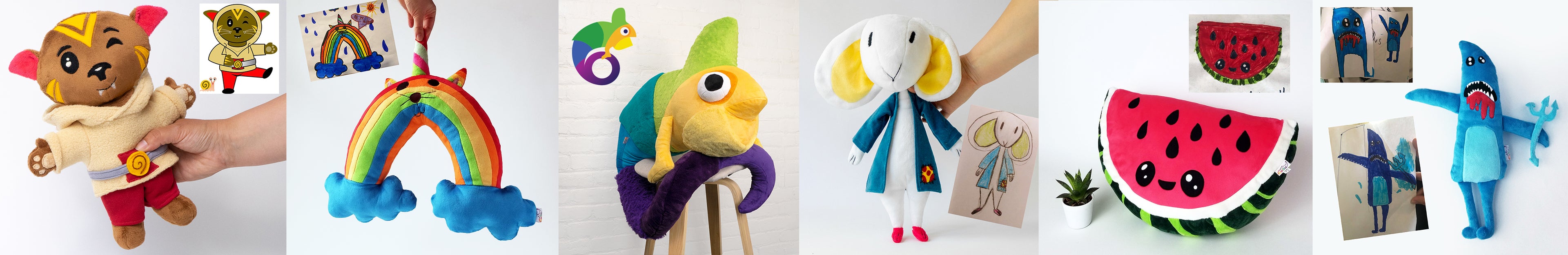Collection of six handmade plush toys crafted in France by Petit Loulou, based on kids' drawings and available for business orders; featuring a chameleon, a rainbow, a shark, and other unique designs.