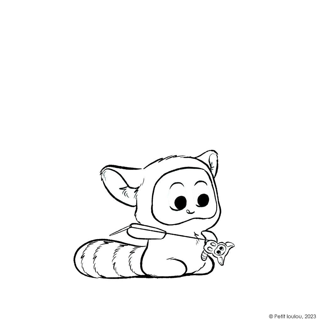 Little lemurelf sewing a plushie with a needle and thread in a cozy coloring page scene.