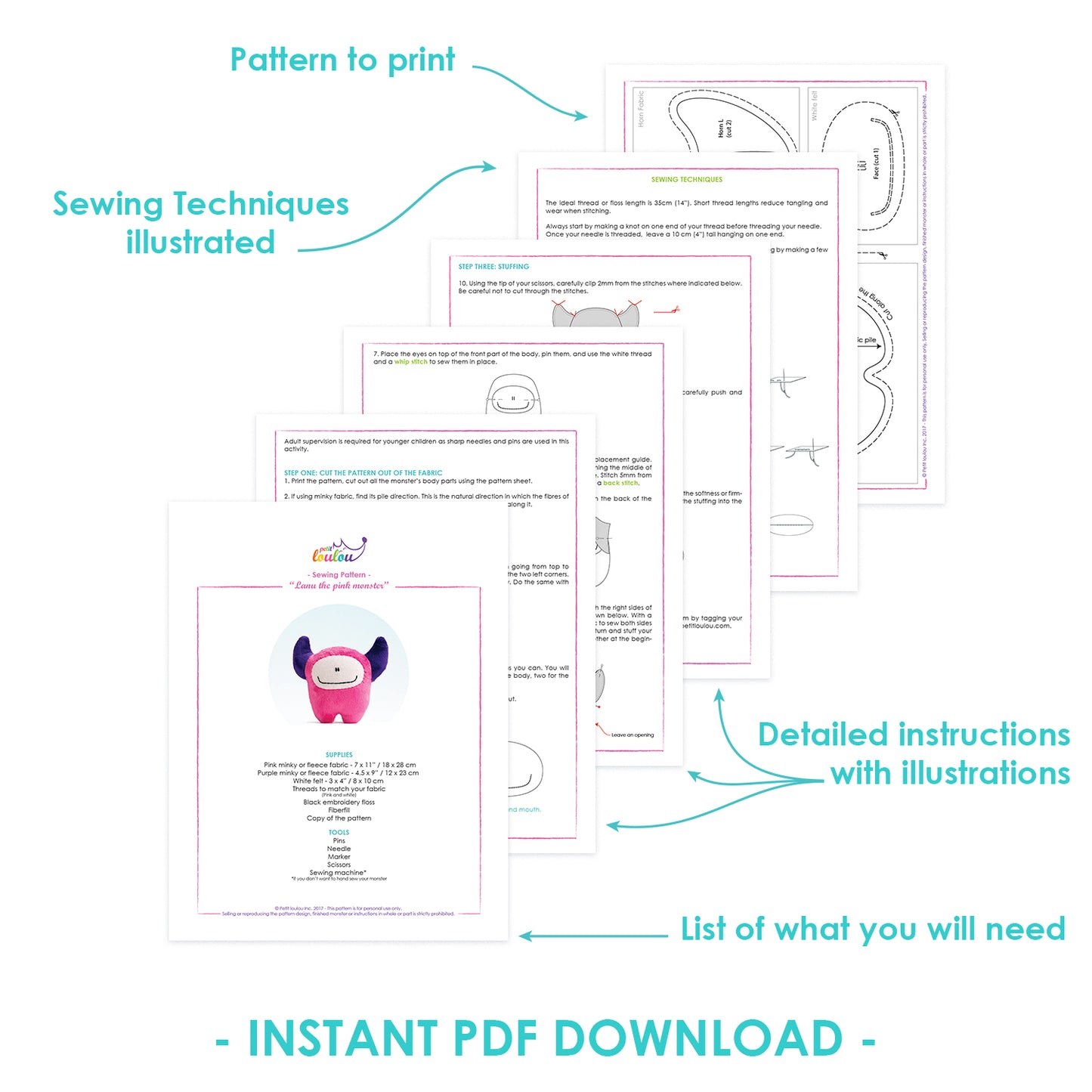 PDF Sewing Pattern - Pink monster