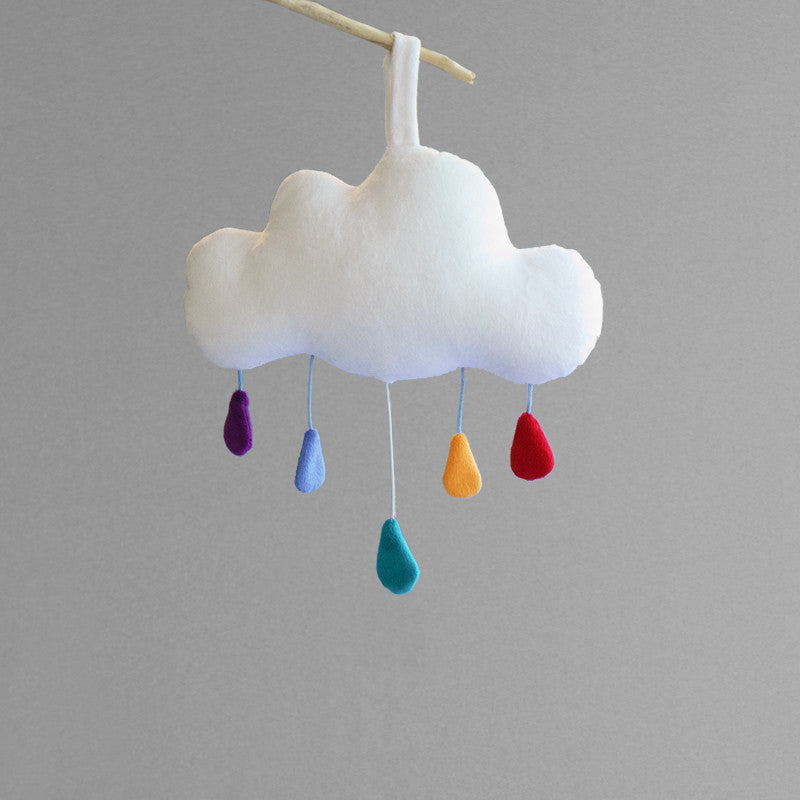 Cloud baby mobile music box by petit loulou shop, front view with drop up