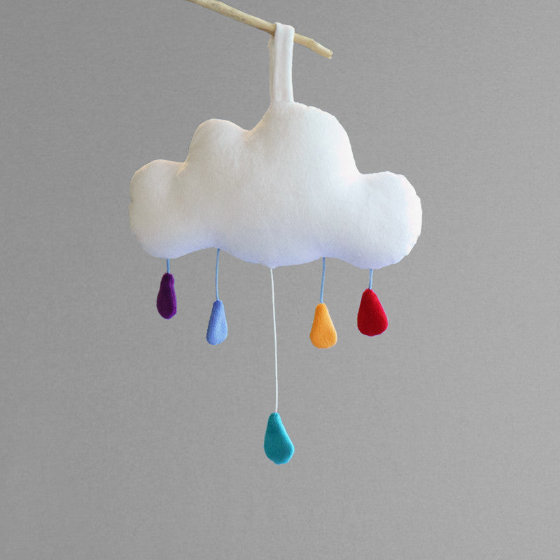 Cloud baby mobile music box by petit loulou shop, front view with drop down