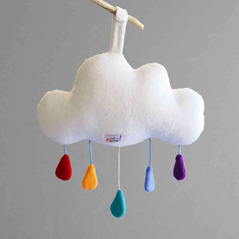Cloud baby mobile music box by petit loulou shop, back view with label and snaps