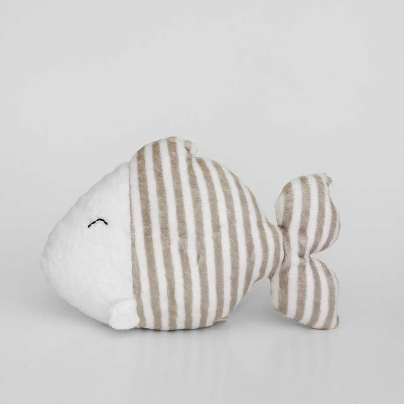 Fish stuffed animal with grey and white stripes, left profile view