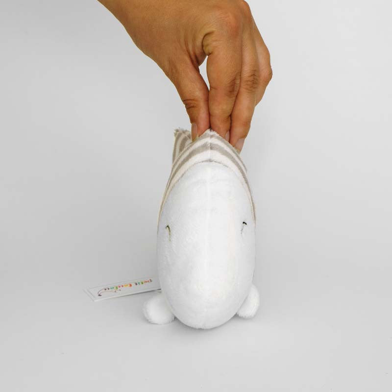 Fish stuffed animal with grey and white stripes, front view