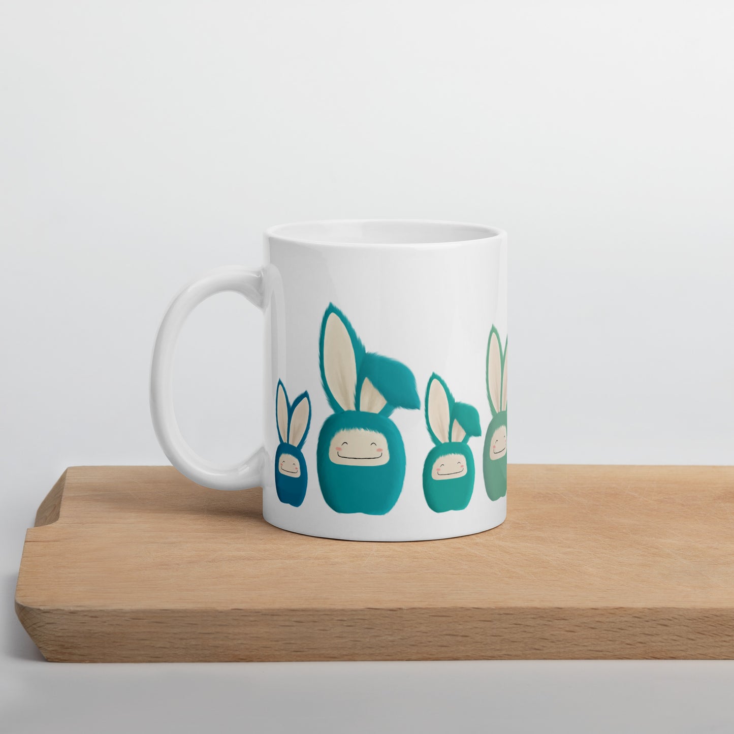 White glossy mug Bunnies Blue/Turquoise