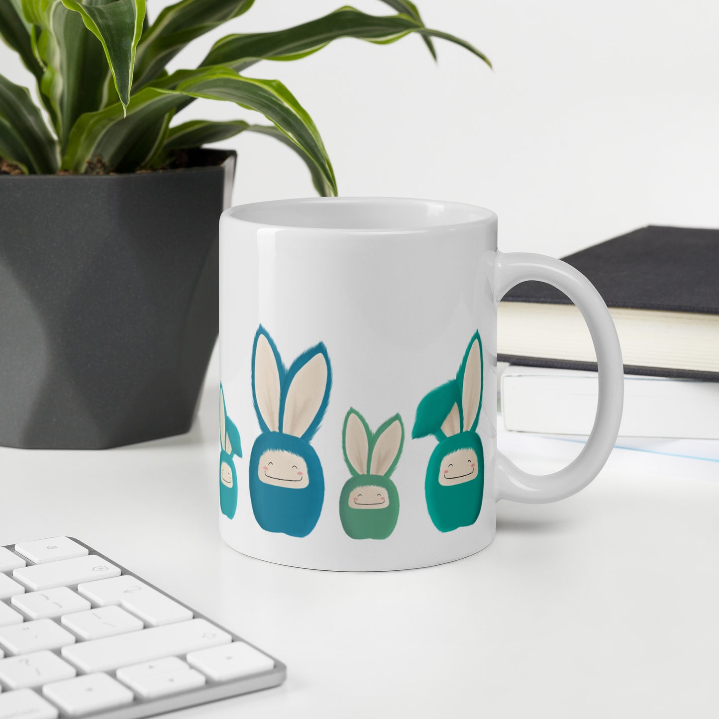 White glossy mug Bunnies Blue/Turquoise