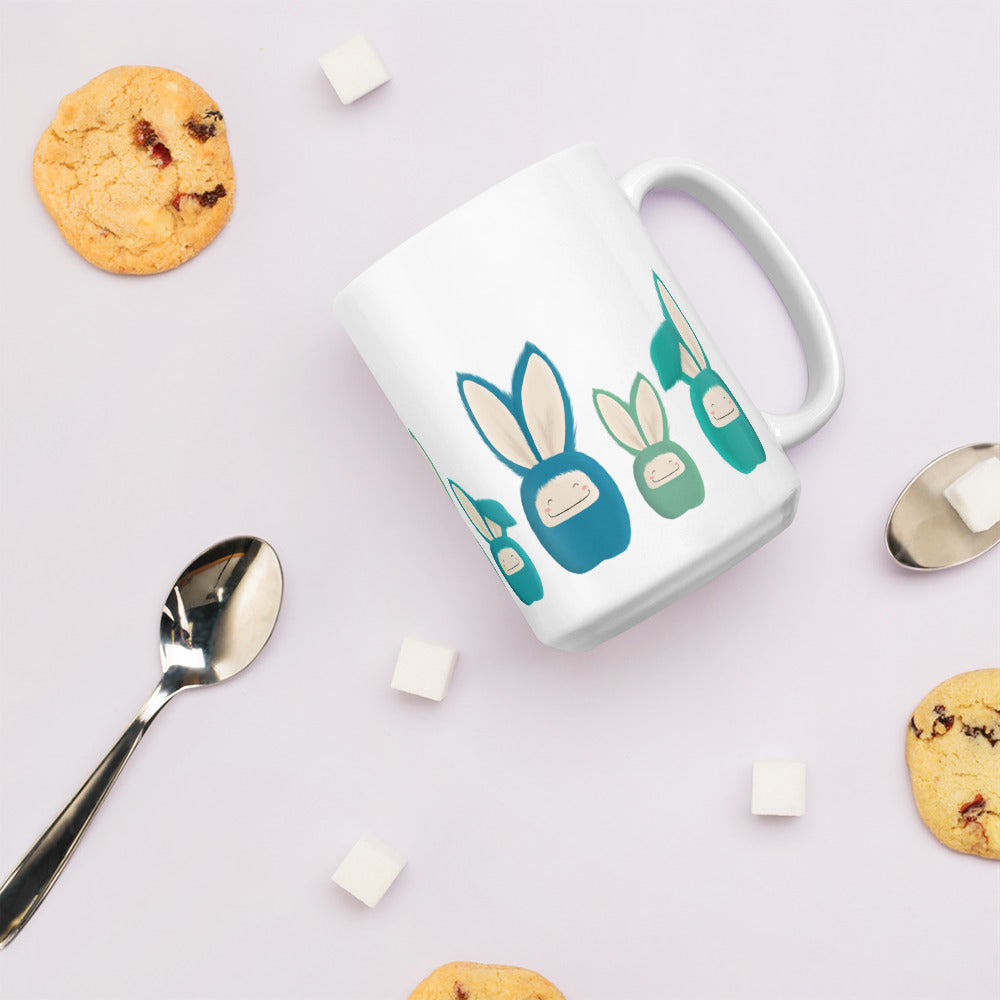 White glossy mug Bunnies Blue/Turquoise