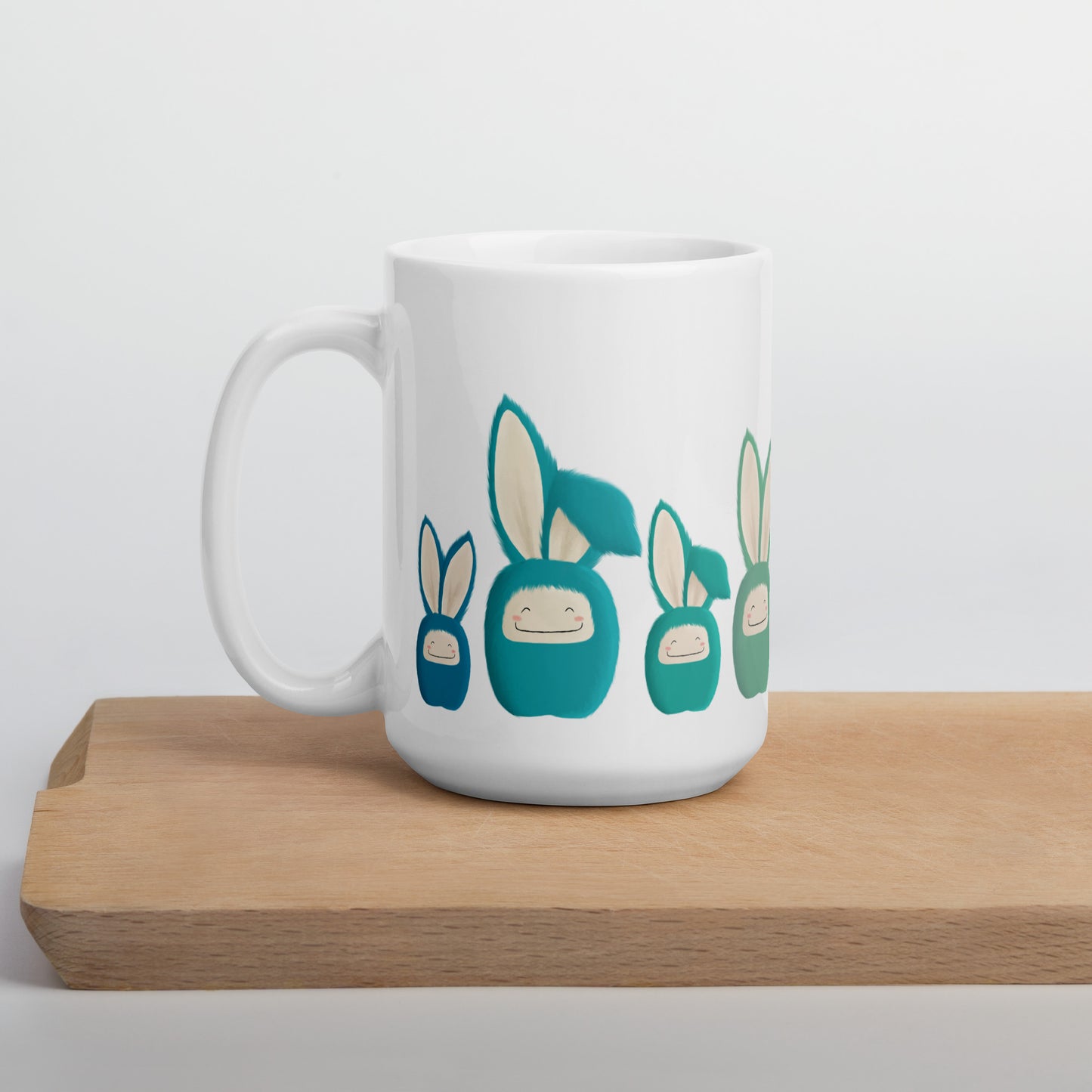 White glossy mug Bunnies Blue/Turquoise