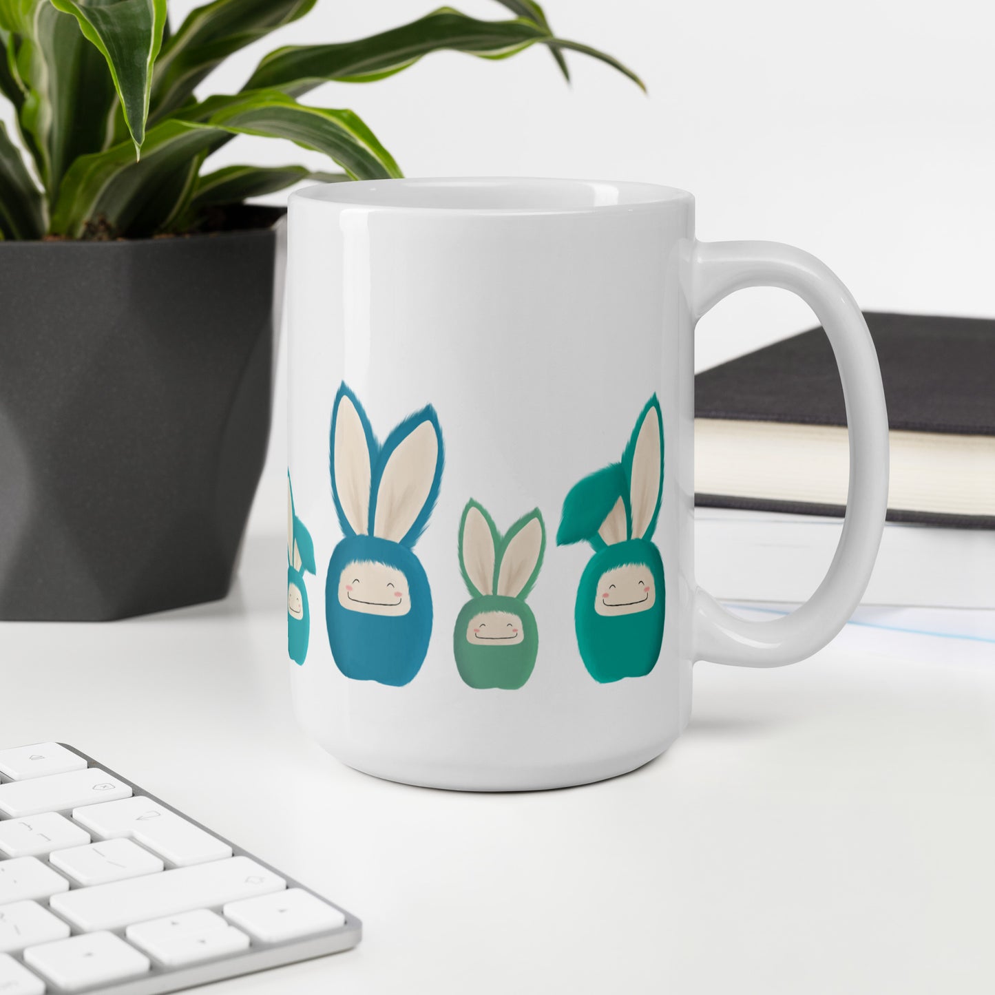 White glossy mug Bunnies Blue/Turquoise