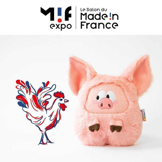 Logo du MIF Expo accompagné d'un personnage textile Petit Loulou et d'une illustration de coq symbolisant le Made in France.