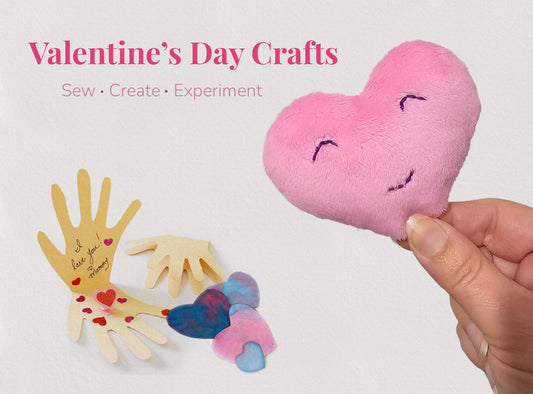 Soft pink handmade felt heart sewing project with simple Valentine paper crafts for beginners