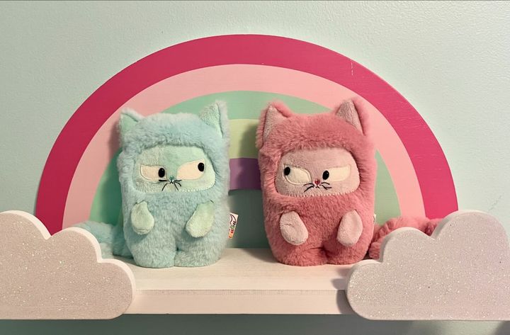 a light aqua kitty plushie is looking at a pink kitty plushie with both a grumpy expression with a rainbow background