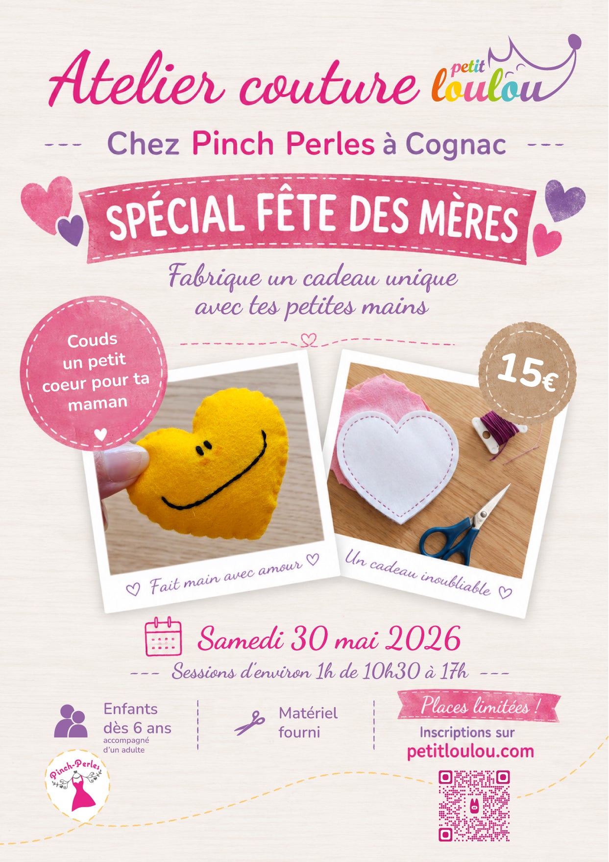 Affiche atelier couture spécial fête des mères chez Pinch Perles à Cognac avec création d’un petit cœur en feutrine fait main, samedi 30 mai 2026.