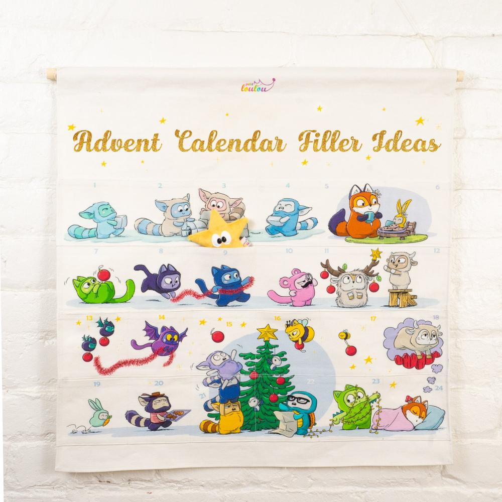 Advent calendar featuring illustrations of the Piloupilous and Petit Loulou characters preparing for Christmas, with festive designs and holiday cheer.