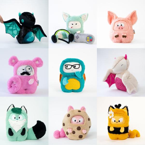 Collage of 9 handmade plushies by Petit Loulou: a sparkly dragon with moon belly, grumpy gamer lemurelf, cute pig, pink bear with mustache, turtle with glasses, cream and fuchsia dragon with embroidered scales, surprised fox with leaf, kitty in cookie costume, and kitty bee plushie.