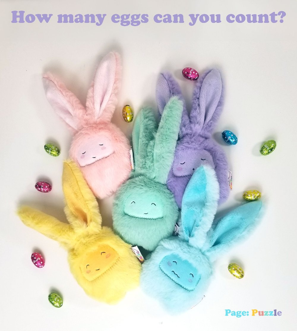 A group of five colorful bunny plushies surrounded by brightly wrapped Easter chocolates in shiny foil, creating a festive and cheerful holiday scene. Perfect for springtime celebrations and Easter decor.