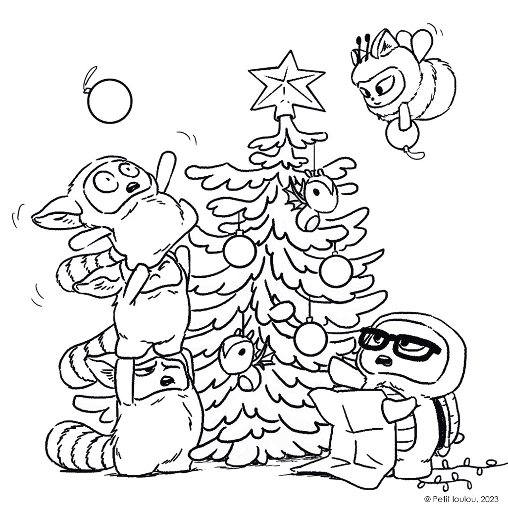 Illustration of 3 Lemurelves, Annabelle the turtle, and Bea the bee decorating a Christmas tree with playful mishaps in a holiday-themed coloring page.