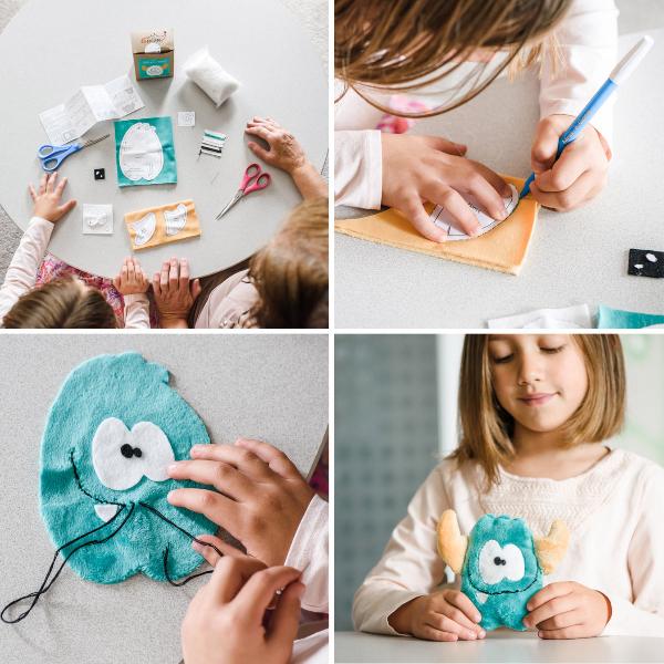 Collage of 4 pictures featuring a little girl creating a Petit Loulou DIY monster sewing kit. She is sewing an aqua green monster with a big smile, showing the step-by-step process of crafting the plush toy.