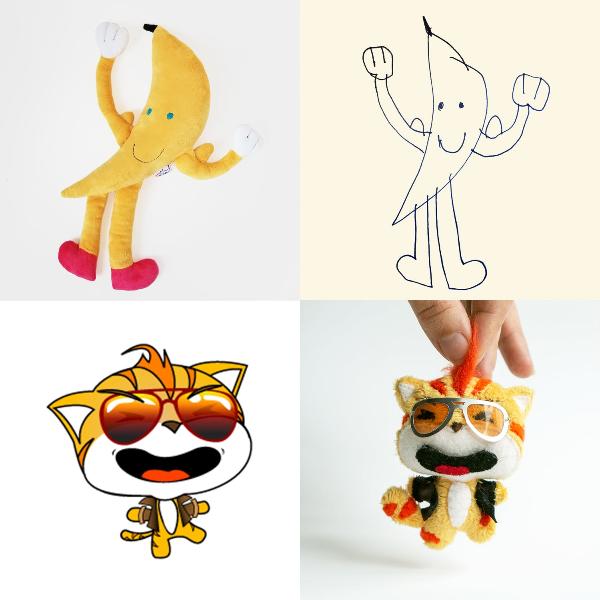 Collage of two custom-made plushies from drawings: a kid's drawing of a banana with two feet, muscular arms, and a big smile, and a tiny cat plushie inspired by a logo.