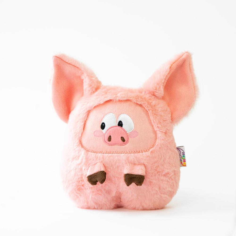 Adorable shy pig plush toy in soft blush fabric, looking left with a curious expression, wondering what's going on. Crafted with love for a cozy and charming addition to any collection.
