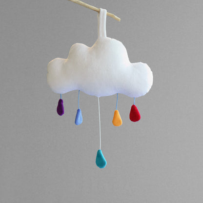 Cloud baby mobile music box by petit loulou shop, front view with drop down