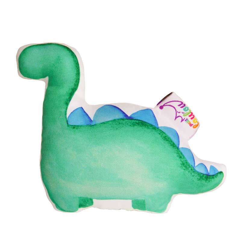 handmade baby rattle with a green dinosaur, back view
