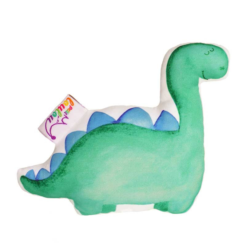 handmade baby rattle with a green dinosaur, front view