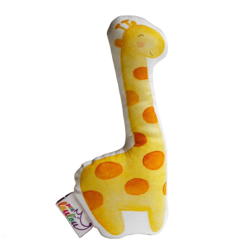 Handmade giraffe baby rattle, front view