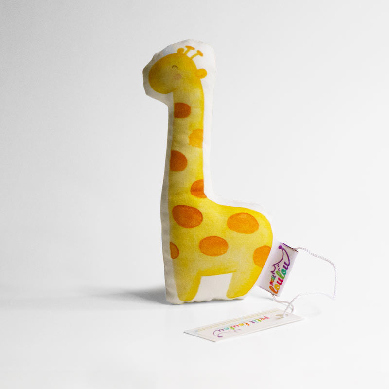 Handmade giraffe baby rattle, back view
