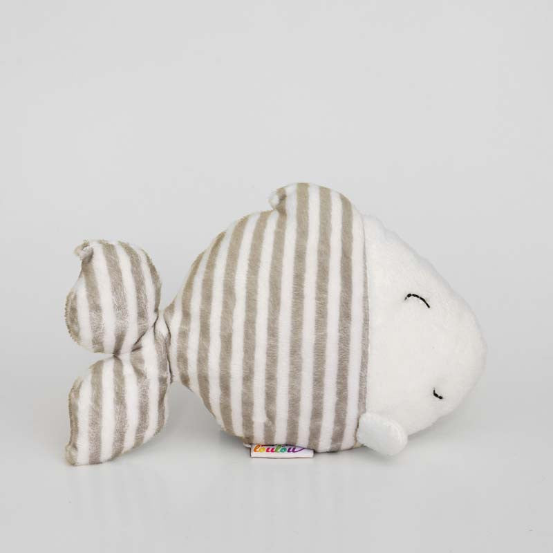 Fish stuffed animal with grey and white stripes, right profile view