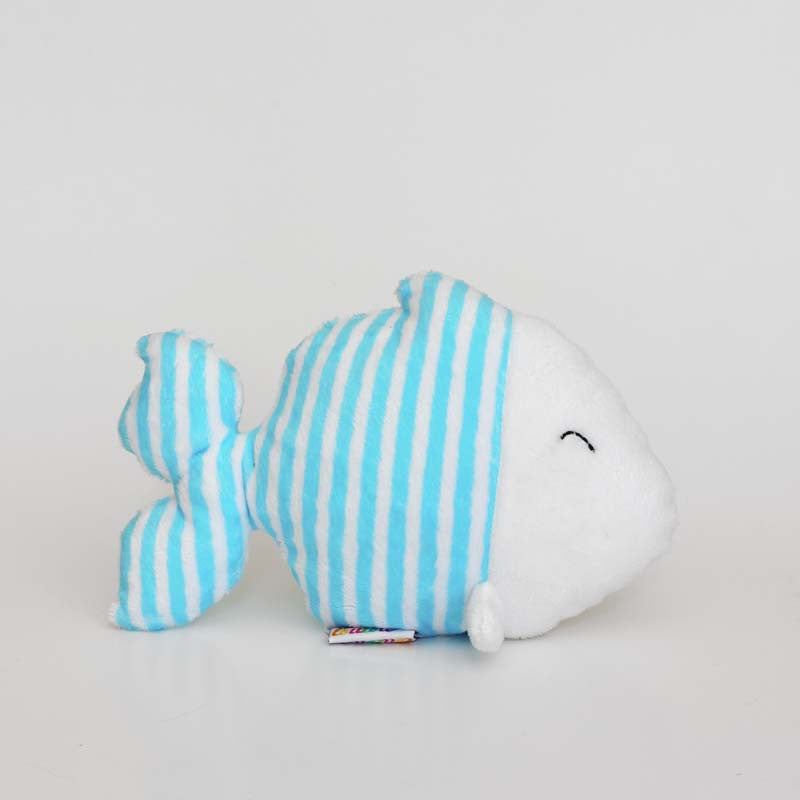 Blue fish plushie with withe and blue stripes