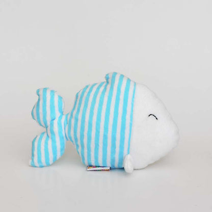 Blue fish plushie with withe and blue stripes