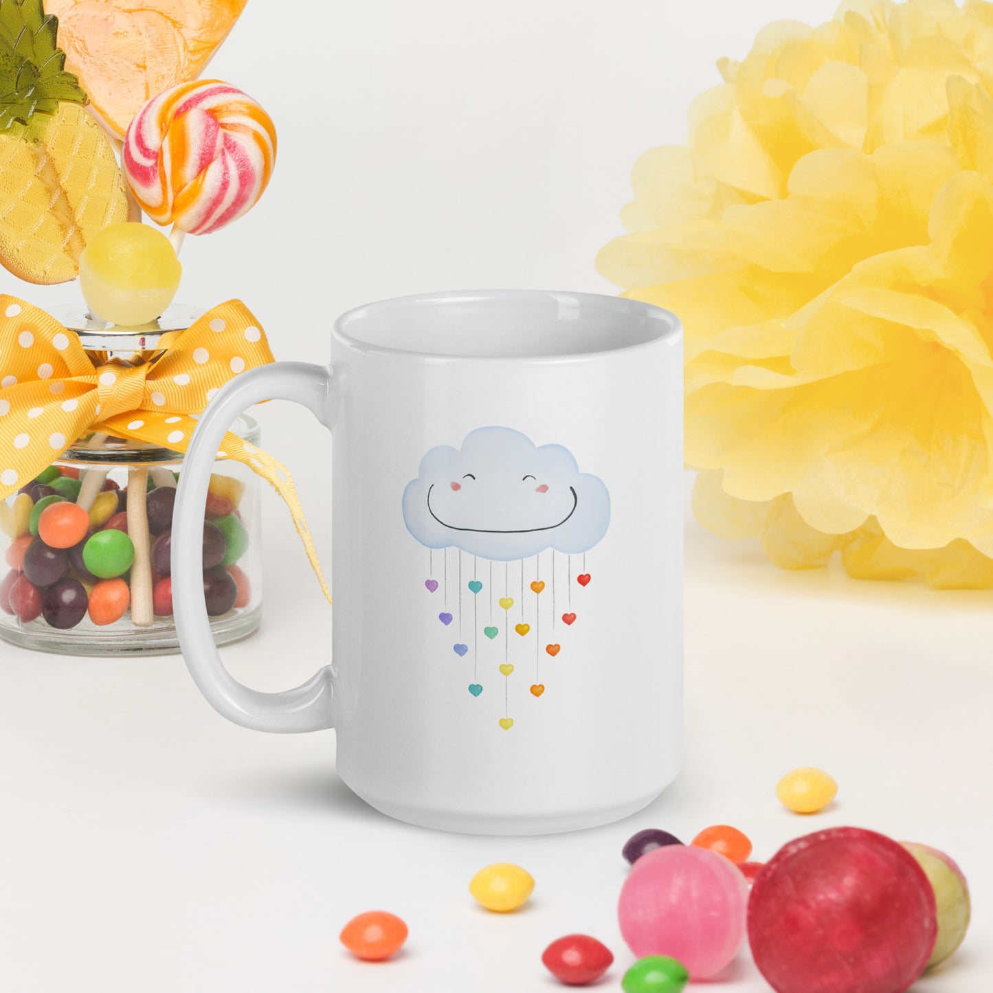 White glossy mug "Happy rainbow cloud"