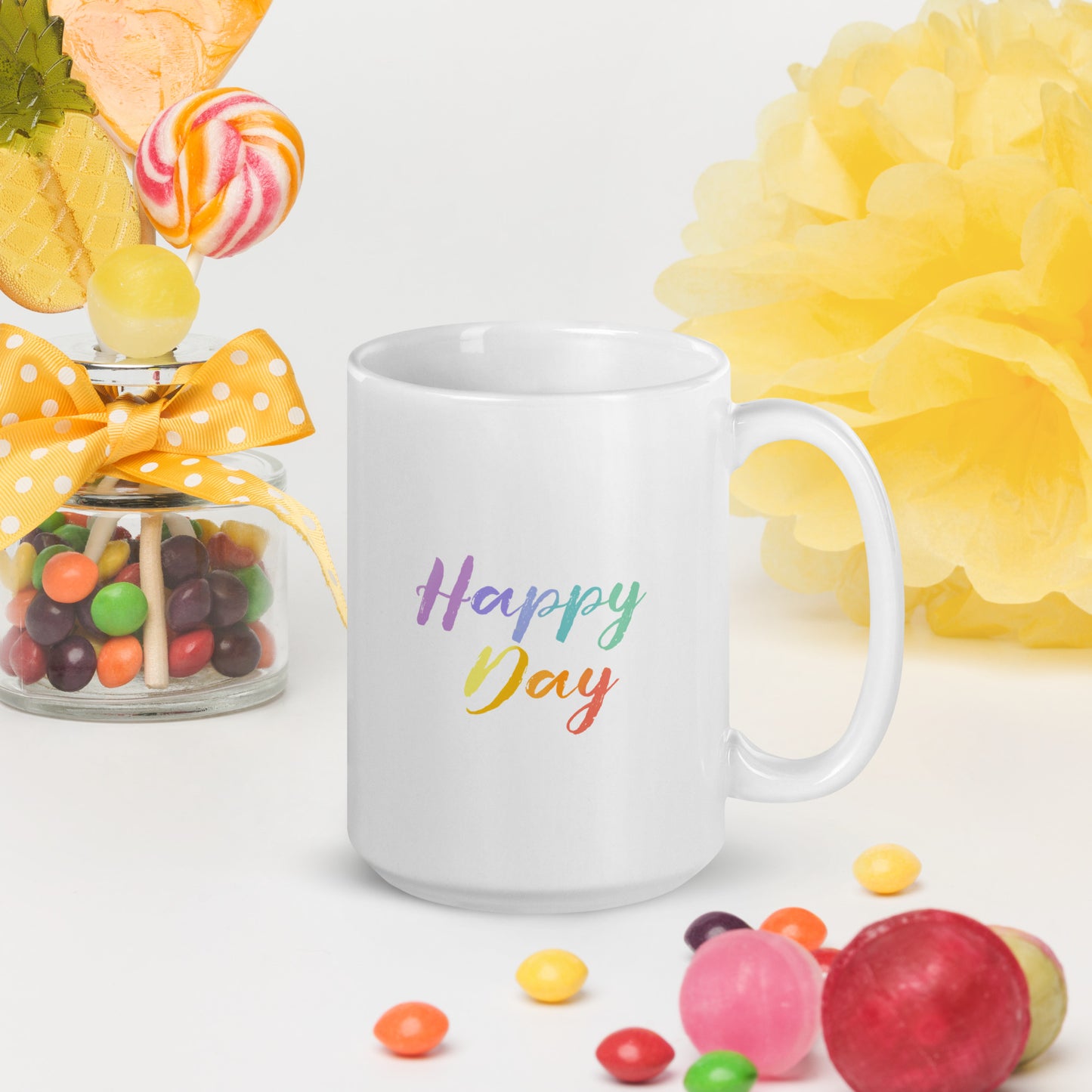White glossy mug "Happy rainbow cloud"